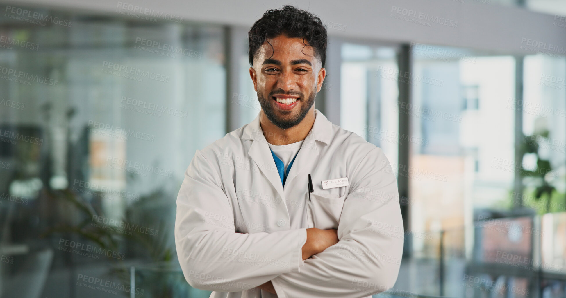 Buy stock photo Portrait, man and doctor with arms crossed in hospital for career pride, about us and medical service. Happy, male person and ambition for healthcare advice, patient care and confidence for wellness