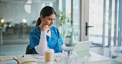 Buy stock photo Nurse, woman or thinking with tablet in clinic for medical case review, treatment decision or solution. Healthcare, professional and tech in hospital for surgery schedule, problem solving or planning