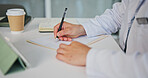 Hands, doctor and person with tablet for writing, healthcare and prescription or notes in office. Patient report, administration and tech with medical professional for documents, schedule or planning