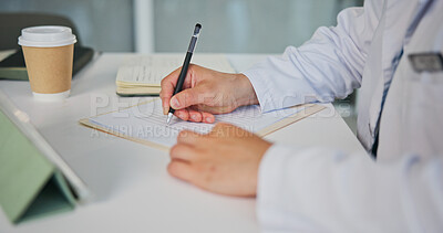 Buy stock photo Medical, doctor and hands with tablet for writing, healthcare and prescription or notes in office. Patient report, administration and tech with person in hospital for documents, schedule or planning