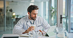 Doctor, research and man with tablet, office and reading medical diagnosis for treatment plan on web. Hospital, healthcare worker and person with coffee, serious and review patient records on app