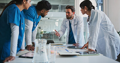 Buy stock photo Hospital, talking and doctors in meeting with paperwork for patient results, medical report and planning. Healthcare, team and people with documents for consulting, discussion and surgery schedule