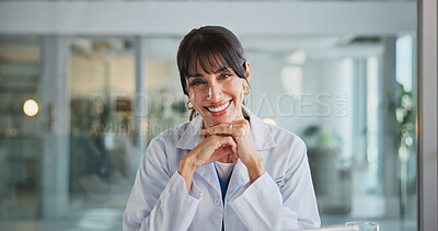 Buy stock photo Portrait, doctor and happy woman in hospital, healthcare and career ambition with pride. Professional, mature person and employee in clinic, confidence and medical service with success and trust