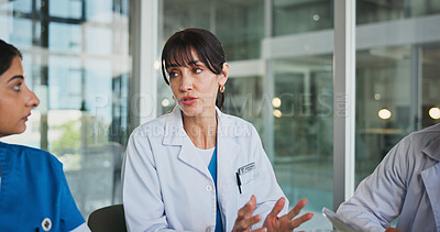 Buy stock photo Meeting, team and woman with doctors in office for medical case review, treatment plan or research. Patient history, healthcare result and collaboration with people talking for clinic report