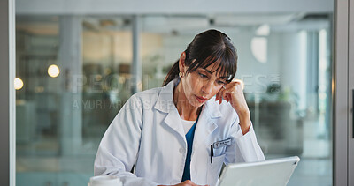 Buy stock photo Doctor, fatigue and woman with laptop, hospital or reading medical diagnosis on website or exhausted. Clinic, healthcare worker and mature person with tech for test results, pressure and overworked