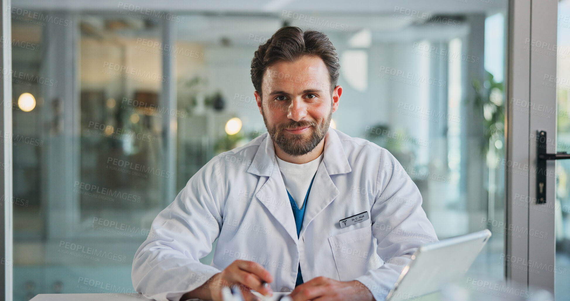 Buy stock photo Portrait, man and doctor with tablet in office for medical pride, about us and cardiology research. Smile, person and cardiologist with ambition, healthcare report and schedule surgery for wellness