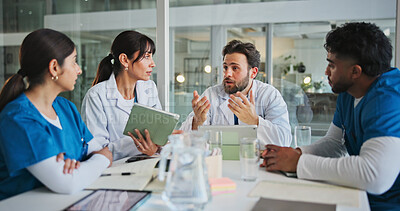 Buy stock photo Nurses, doctors and tablet with discussion in clinic for case advice, medical results and planning. Healthcare team, people and feedback with tech in hospital for workflow update or treatment options