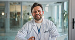 Portrait, man and doctor with smile in office for medical career, about us and cardiology research. Person, tablet and cardiologist with ambition, healthcare report and schedule surgery for wellness