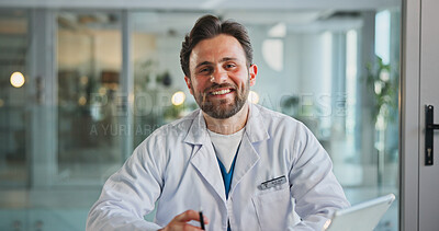 Buy stock photo Portrait, man and doctor with smile in office for medical career, about us and cardiology research. Person, tablet and cardiologist with ambition, healthcare report and schedule surgery for wellness