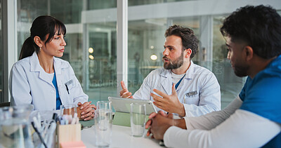 Buy stock photo Meeting, team and tablet with doctors in office for medical case review, treatment plan or research. Patient history, online healthcare result and collaboration with people talking for clinic report