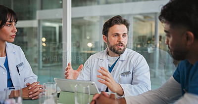 Buy stock photo Nurse, doctors and tablet with discussion in hospital for case review, medical results and planning. Healthcare team, people and feedback with tech in clinic for workflow update or treatment options