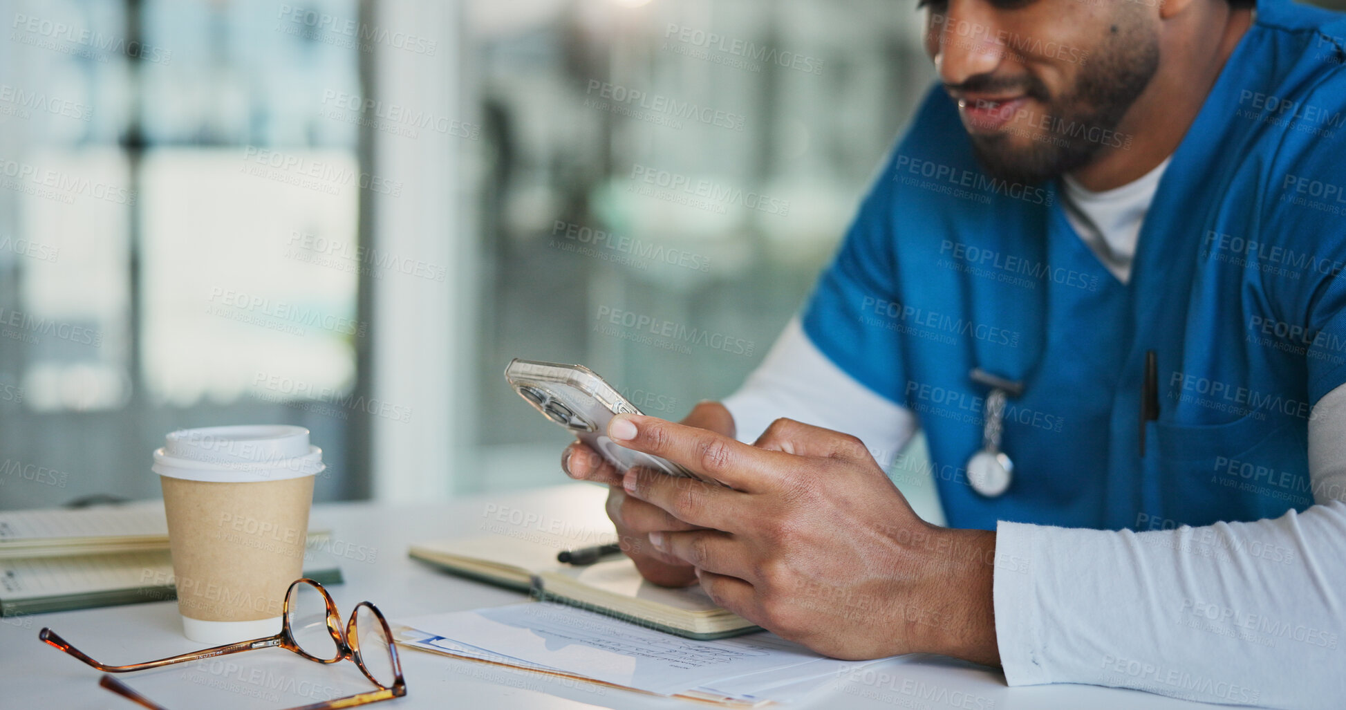 Buy stock photo Hands, doctor and happy man in hospital, smartphone and typing with social media. Medical service, professional and person in clinic, cellphone and message to contact, texting and communication