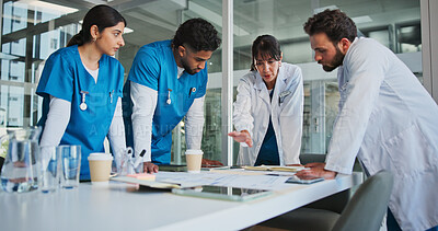 Buy stock photo Hospital, office and doctors in meeting with documents for patient results, medical report and planning. Healthcare, teamwork and people with paperwork for consulting, discussion and surgery schedule