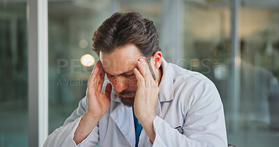 Buy stock photo Headache, doctor and man in hospital, tired and stress with pressure, tension and exhausted. Person, medical service and employee in clinic, migraine and burnout with fatigue, frustrated or brain fog