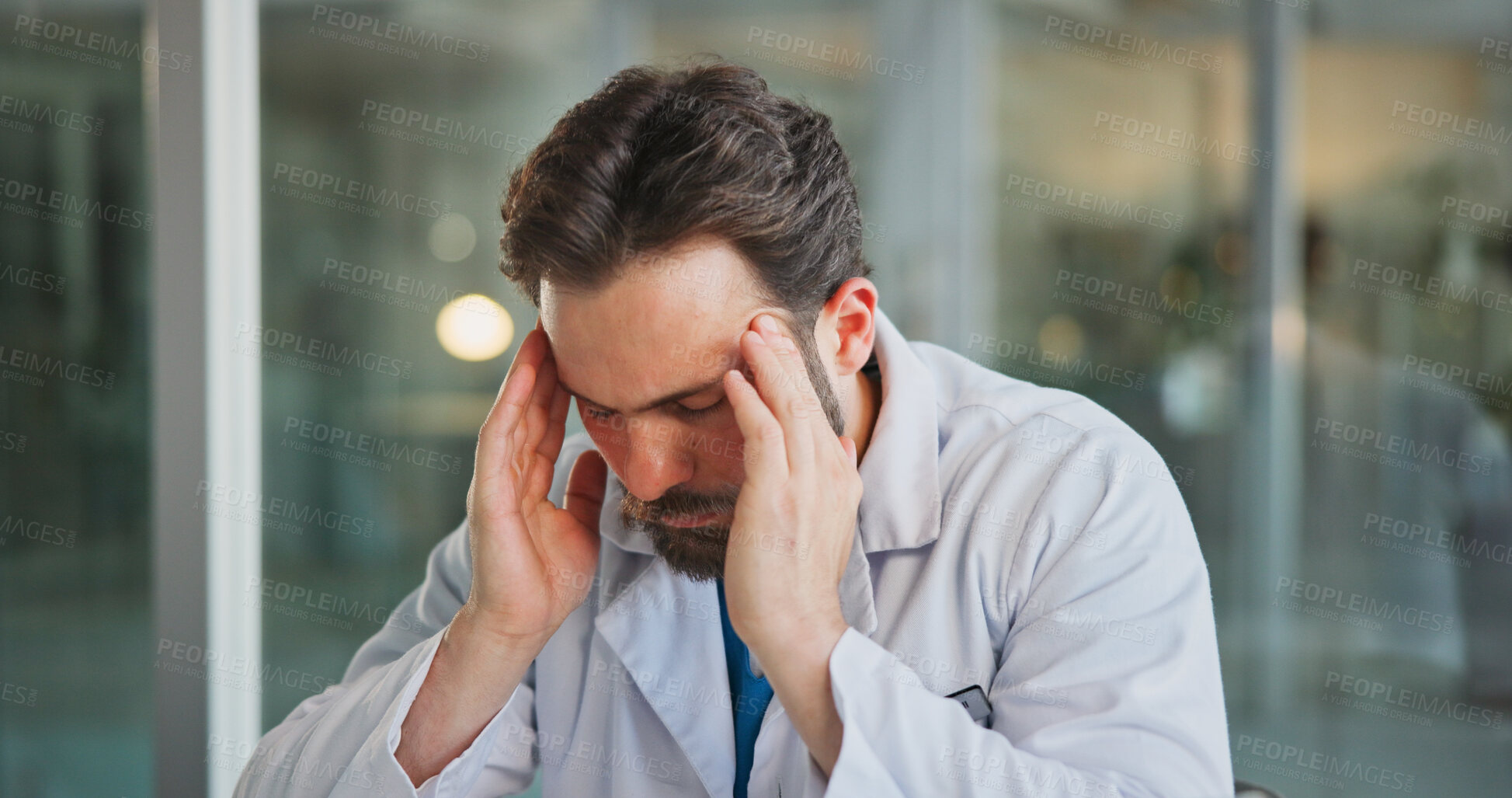 Buy stock photo Headache, doctor and man in hospital, tired and stress with pressure, tension and exhausted. Person, medical service and employee in clinic, migraine and burnout with fatigue, frustrated or brain fog
