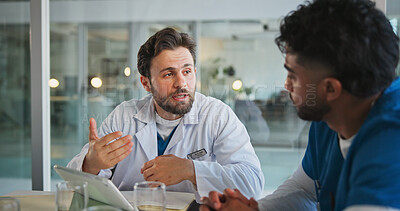 Buy stock photo Meeting, tablet and nurses with doctors in office for medical case review, treatment plan or research. Patient history, online healthcare result and team with people talking for clinic report