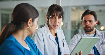 Buy stock photo Tablet, team and nurse with doctors in office for medical case review, treatment plan or research. Patient history, online healthcare result and collaboration with people talking for clinic report