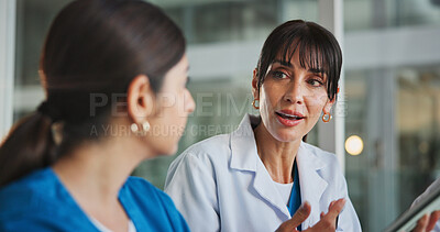 Buy stock photo Medical, team and nurse with doctors in office for case review, treatment plan or research. Patient history, online healthcare result and partnership with people talking in hospital for clinic report
