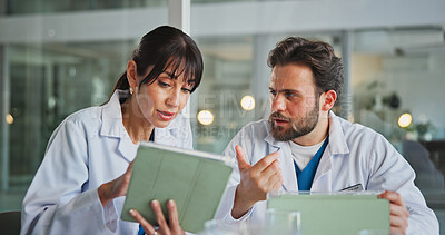 Buy stock photo Tablet, team and reading with doctors in office for medical case review, treatment plan or research. Patient history, online healthcare result and collaboration with people talking for clinic report