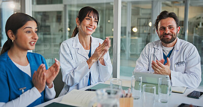 Buy stock photo Doctor, applause and happy people in hospital, healthcare and celebration with teamwork. Medical service, women and man in clinic, clapping or achievement with wellness, meeting or goals with support
