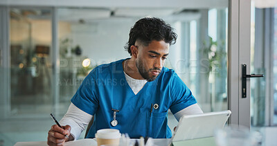 Buy stock photo Man, nurse and writing in office with tablet for healthcare, prescription or notes. Patient report, administration and tech with medical professional for documents, schedule or planning in clinic