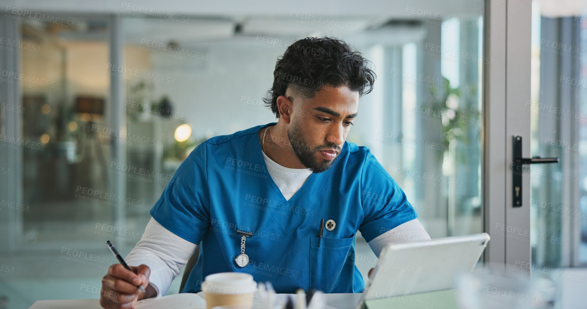 Buy stock photo Man, nurse and writing in office with tablet for healthcare, prescription or notes. Patient report, administration and tech with medical professional for documents, schedule or planning in clinic