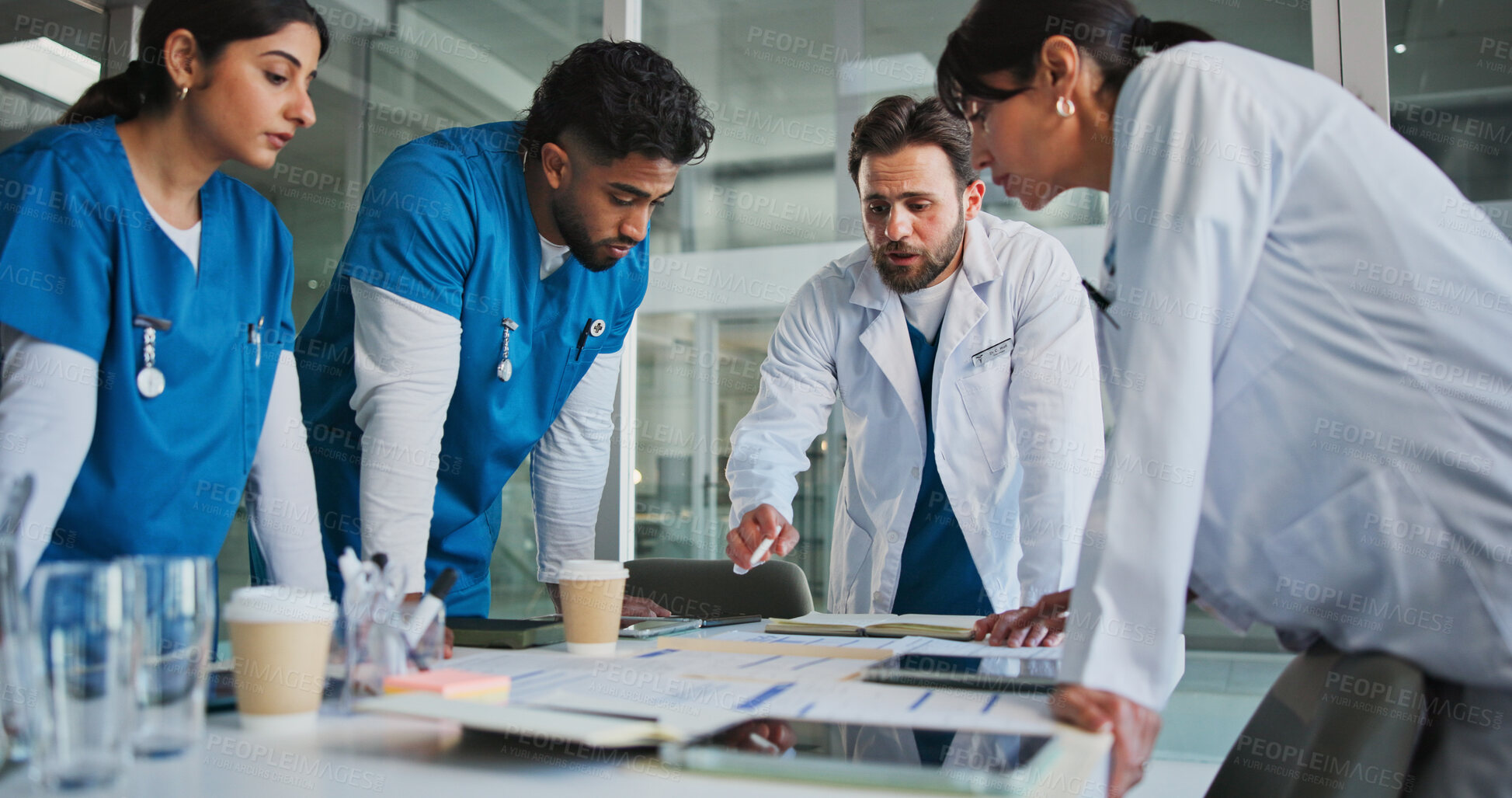 Buy stock photo Hospital, office and doctors in meeting with paperwork for patient results, medical report and planning. Healthcare, teamwork and people with documents for consulting, discussion and surgery schedule