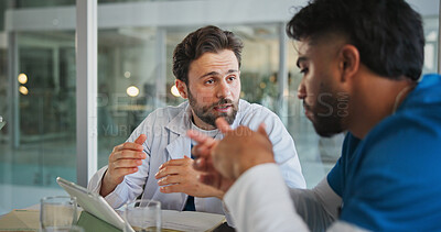 Buy stock photo Hospital, tablet and doctors in meeting with paperwork for patient results, medical report and planning. Healthcare, teamwork and men with documents for consulting, discussion and surgery schedule