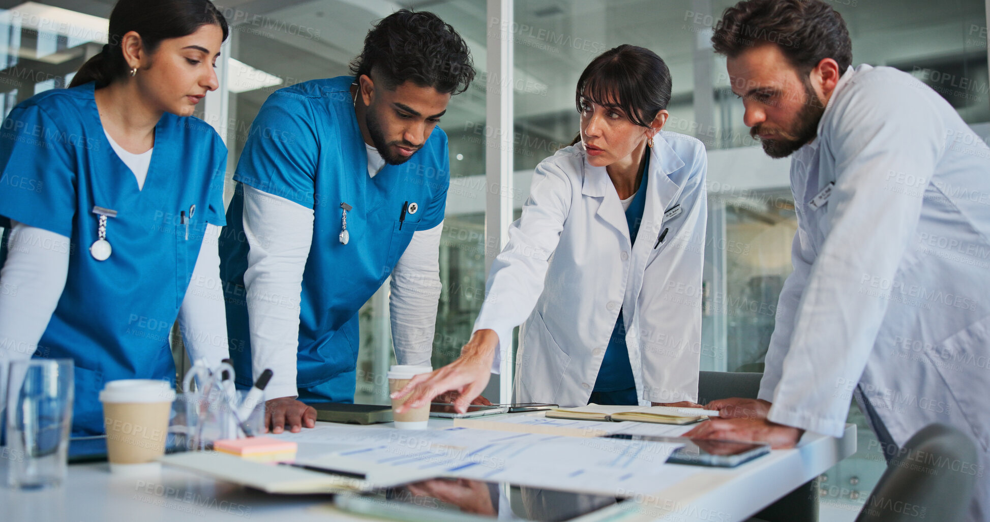 Buy stock photo Hospital, surgeons and doctors in meeting with paperwork for patient results, medical report and planning. Healthcare, team and people with documents for consulting, discussion and surgery schedule