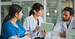 Nurse, doctors and tablet with meeting in clinic for surgery update, treatment planning and bokeh. Medical team, people and discussion with tech in hospital for health results, workflow and feedback