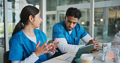 Buy stock photo Hospital, tablet and nurses in meeting with paperwork for patient results, medical report and planning. Healthcare, team and man and woman on tech for consulting, discussion and surgery schedule