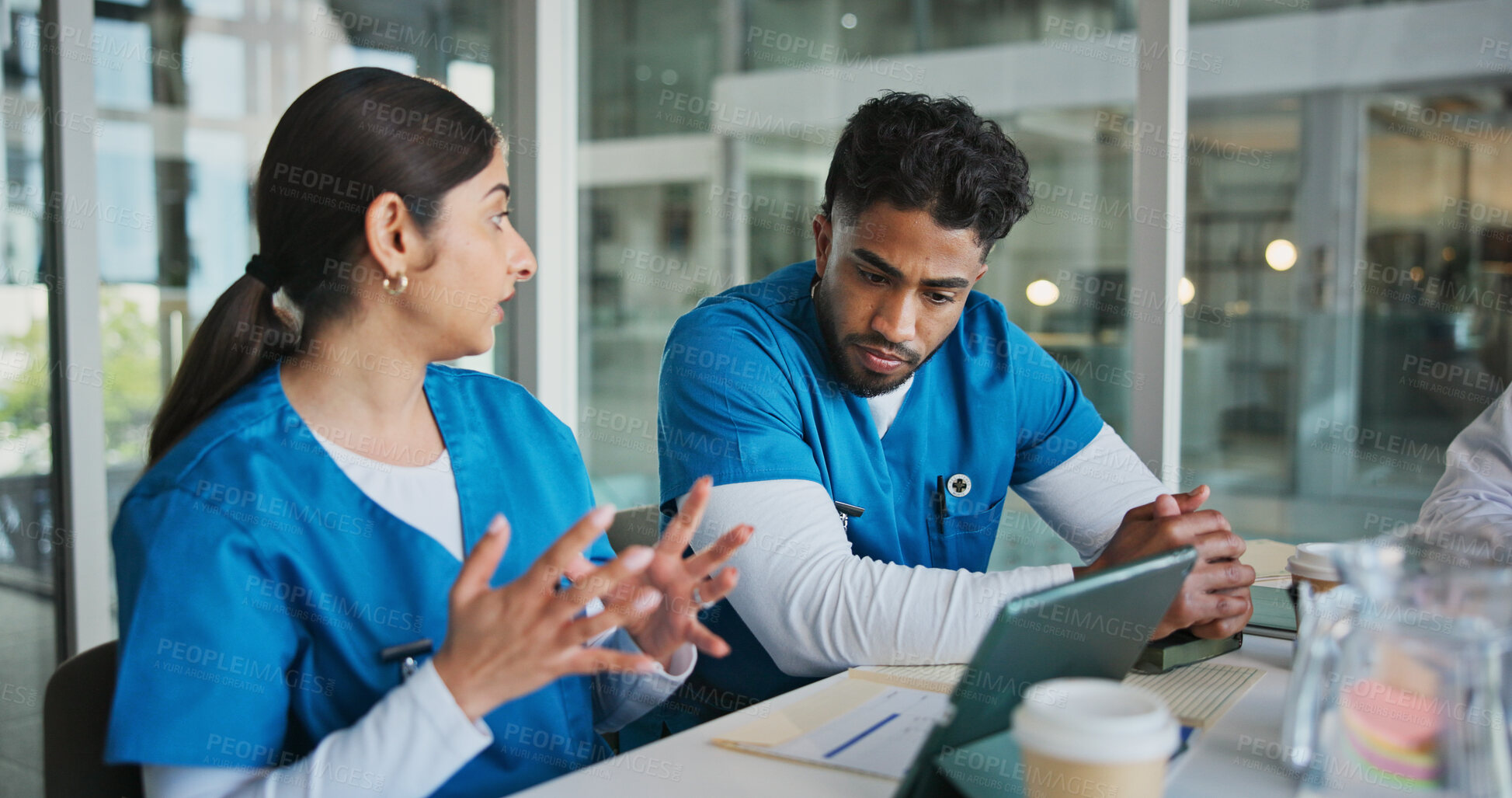 Buy stock photo Hospital, tablet and nurses in meeting with paperwork for patient results, medical report and planning. Healthcare, team and man and woman on tech for consulting, discussion and surgery schedule