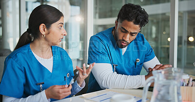 Buy stock photo People, nurses and talk with document in office for planning, medical results and patient history. Staff, team and review paperwork for referral letter, surgery schedule and information on healthcare