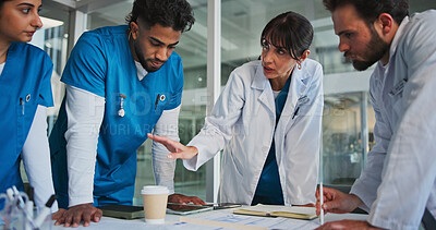 Buy stock photo Doctor, people or meeting in hospital with discussion for patient diagnosis, medical advice or planning. Nurse, healthcare team and conversation for research, consultation and collaboration strategy