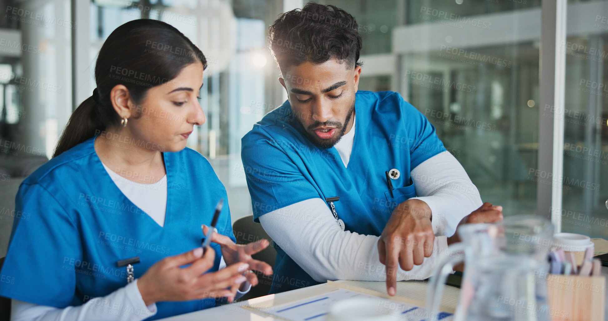 Buy stock photo People, doctors and reading document in office for planning, medical results and patient history. Staff, team and review paperwork for referral letter, surgery schedule and information for healthcare