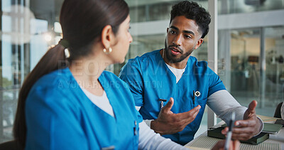 Buy stock photo People, meeting and nurses talking in office for planning, medical results and patient history. Staff, team and discussion for referral letter, schedule surgery and information with healthcare policy