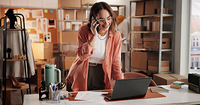 Buy stock photo Woman, phone call and laptop for fashion startup with discussion, contact supplier and ecommerce. Female person, mobile and pc for logistics, confirm order and track shipping for clothes distribution