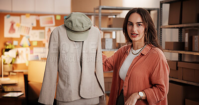 Buy stock photo Live stream, clothes and portrait of woman in warehouse for promotion, social media or pov. Advertising, ecommerce and fashion merchandiser with person in factory for online shopping broadcast