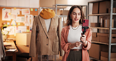 Buy stock photo Woman, live streaming and fashion with cellphone for brand awareness, talking and advertising clothes. Person, small business and entrepreneur with ecommerce promotion, internet and content creation