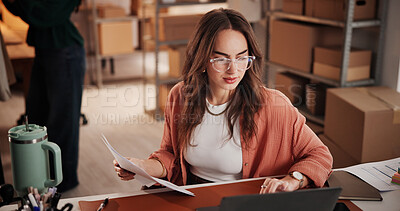 Buy stock photo Supply chain, documents and woman with laptop, small business and ecommerce with email. Person, computer and entrepreneur with paperwork, inventory and checklist for online order or shipping schedule