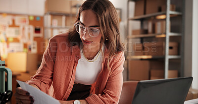 Buy stock photo Logistics, documents and woman with laptop, small business and ecommerce with checklist. Person, invoice and entrepreneur with paperwork, inventory and reading with order info or shipping schedule