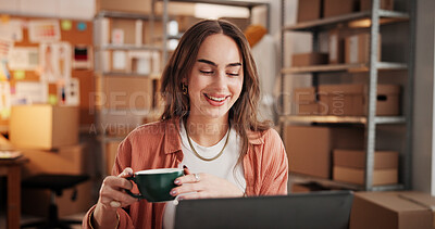 Buy stock photo Woman, coffee and smile with laptop at small business for ecommerce, supply chain and online order. Female person, morning beverage and pc for logistics, inventory management and schedule shipping
