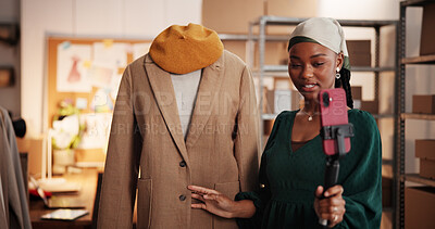 Buy stock photo Black woman, live streaming and fashion startup with cellphone for content creation African person, connection or entrepreneur with ecommerce promotion, advertising clothes on social media or talking