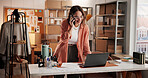 Woman, designer and phone call with laptop at fashion startup, smile or dropshipping order on web. Person, smartphone and pc for talk, happy and creative project with contact for clothes at studio