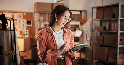 Buy stock photo Woman, reading and tablet for fashion startup for logistics, online order and stock delivery. Female person, digital and review information for shipping, supply chain and inventory for distribution