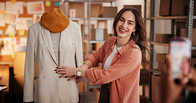 Buy stock photo Live streaming, startup and woman with fashion for supply chain, retail supplier and online review. Small business, entrepreneur and people recording for brand promotion, social media and ecommerce