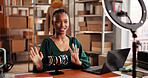 Entrepreneur, video and woman with jewelry, warehouse and product promotion on social media and app. Influencer marketing, website and black person with smartphone for vlog, ring light and ecommerce