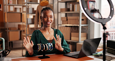 Buy stock photo Entrepreneur, video and woman with jewelry, warehouse and product promotion on social media and app. Influencer marketing, website and black person with smartphone for vlog, ring light and ecommerce