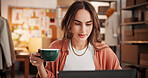 Woman, coffee and reading with laptop at small business for ecommerce, supply chain and online order. Female person, morning beverage and pc for logistics, inventory management and schedule shipping