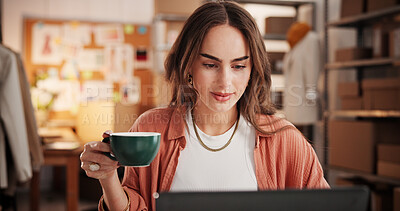 Buy stock photo Woman, coffee and reading with laptop at small business for ecommerce, supply chain and online order. Female person, morning beverage and pc for logistics, inventory management and schedule shipping